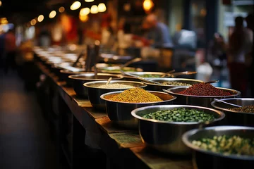 Foto op Canvas A bustling street market in Thailand, lined with food stalls offering a variety of vegan Thai street food, such as pad Thai, spicy papaya salad, spring rolls, and coconut-based curries © Matthias
