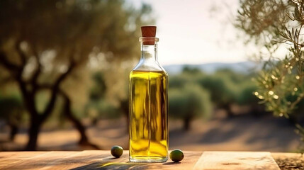 Obraz na płótnie Canvas Glass container with olive oil on wooden table with branches and olives in crop field full of olive trees with sunshine