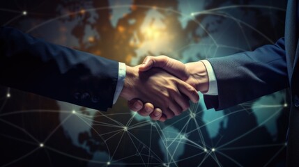 Businessmen handshake global stock market graph bar chart globe network connection links diagram background. 