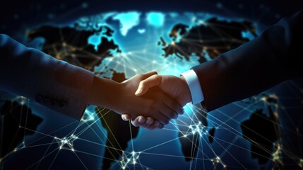 Businessmen handshake global stock market graph bar chart globe network connection links diagram background.  - obrazy, fototapety, plakaty