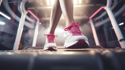 Feet close-up in stylish, modern and comfortable sneakers on a treadmill. Health, sport concept - obrazy, fototapety, plakaty