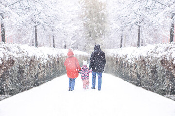 Rear view of happy family with child in winter park.