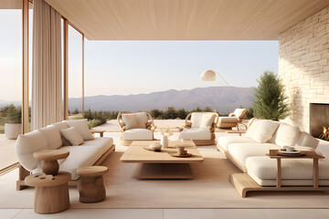 Obraz premium 3d render of a beautiful large living room with beige furniture ai generative