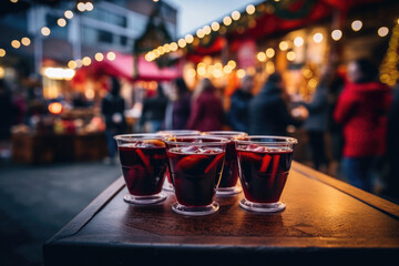 Glasses with hot mulled wine at night street with festive illuminations. Christmas fair in city - obrazy, fototapety, plakaty