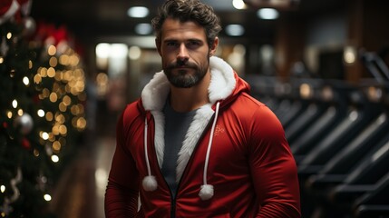 Fototapeta premium Sports Santa Claus, male bodybuilder in a festive red hat. Christmas and New Year holidays in the gym. Concept: Training and discounts on the eve of the holidays