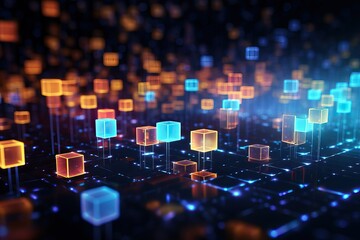 3d rendering of abstract technology background with cubes in blue and orange colors, abstract...