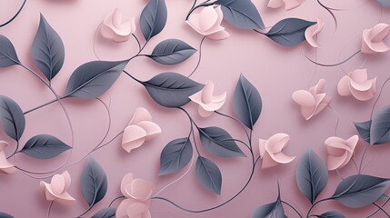 Flowers and leaves on pink background, 3d render illustration, pink flowers and grey leaves on pink background, seamless pattern, beautiful floral design, flowers vine wallpaper - Powered by Adobe