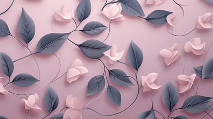  Flowers and leaves on pink background, 3d render illustration, pink flowers and grey leaves on pink background, seamless pattern, beautiful floral design, flowers vine wallpaper © Jahan Mirovi