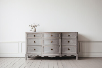 A grey wooden dresser before a white wall