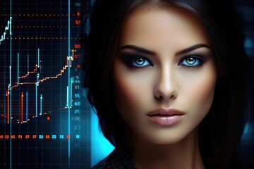 Beautiful business woman in a strict business suit against the background of financial charts and graphs. Economic chart, analysis of global economic trends.