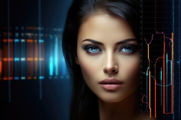 Beautiful business woman in a strict business suit against the background of financial charts and graphs. Economic chart, analysis of global economic trends.