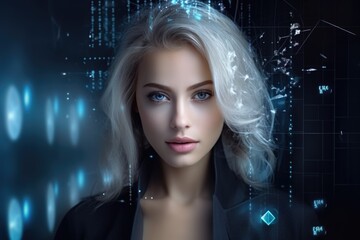 Beautiful business woman in a strict business suit against the background of financial charts and graphs. Economic chart, analysis of global economic trends.