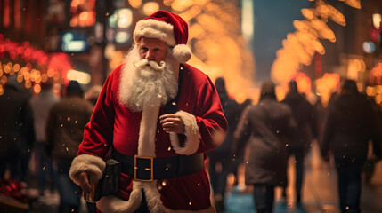 santa claus walking though city, Busy crowded sidewalk with festive lights and christmas decorations in background