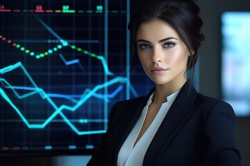 Beautiful business woman in a strict business suit against the background of financial charts and graphs. Economic chart, analysis of global economic trends.