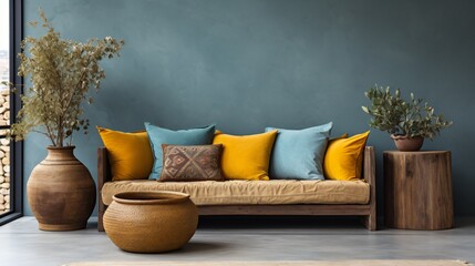 minimal contemporary living room interior design with a fabric sofa - obrazy, fototapety, plakaty