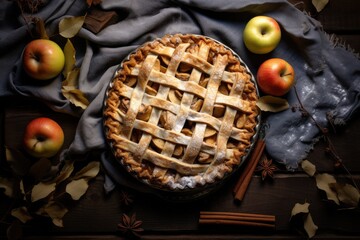 Homemade autumn apple pie with cinnamon and fresh fruits. Classic autumn Thanksgiving pastry dessert. Organic dessert ready to eat. Table scene with a rustic background with copy space