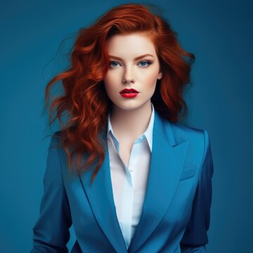 Beautiful business woman in a strict business suit on a blue background. Fashion, style and beauty concept.