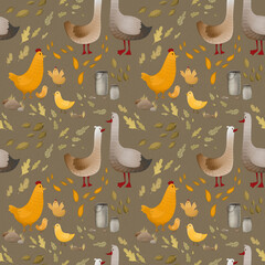 Autumn invisible pattern with Gooses, Chicken, leaves, rocks etc. Trendy colors of the autumn are perfect for scrapbooking paper, textile, fabric, card