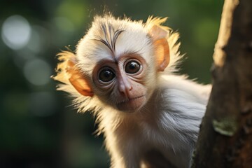An Adorable Baby Monkey in the Wild: A Closeup Portrait of a Cute Young Primate with Yellow Fur Sitting in the Jungle.