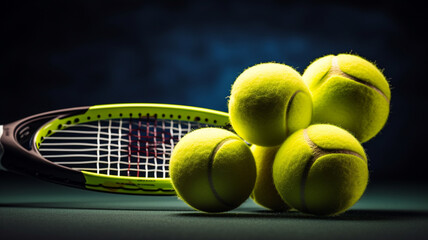 tennis balls and racket on a dark background