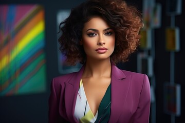 Beautiful business woman in a strict business suit against the background of financial charts and graphs. Economic chart, analysis of global economic trends.