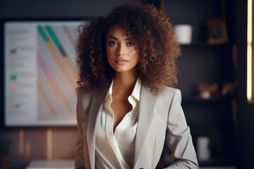 Beautiful business woman in a strict business suit against the background of financial charts and graphs. Economic chart, analysis of global economic trends.