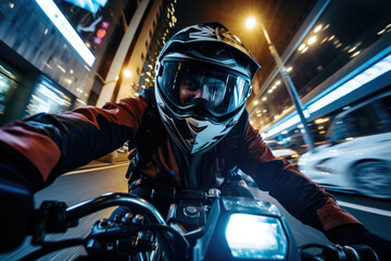 A motorcyclist embarks on a thrilling journey at night, embracing the freedom of the open road....