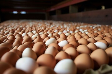 An agricultural farm producing eggs through poultry chicken farming. Generative AI - obrazy, fototapety, plakaty