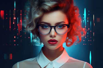 Beautiful business woman in a strict business suit against the background of financial charts and graphs. Economic chart, analysis of global economic trends.