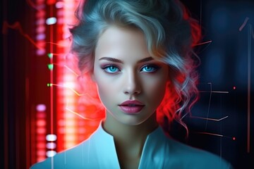 Beautiful business woman in a strict business suit against the background of financial charts and graphs. Economic chart, analysis of global economic trends.