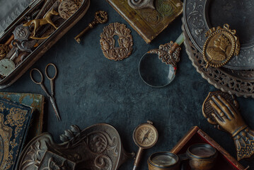 Antique background with old vintage collection - obrazy, fototapety, plakaty