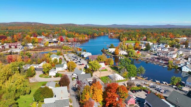 Wolfeboro historic town center at Lake Winnipesaukee aerial view in fall on Main Street, town of Wolfeboro, New Hampshire NH, USA. 