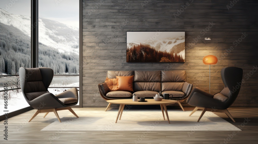 Aufkleber grey sofa and lounge chairs in a modern flat with big windows created with generative ai