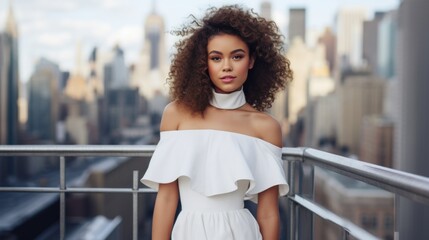 photo of a beautiful young woman in a white dress against the backdrop of a big city. Fashion and beauty.