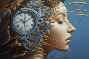 Concept of aging, time flies of man. Clock dial on eye. Close-up