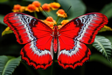 An extreme close-up of a delicate butterfly perched on a flower, showcasing the intricate patterns and vibrant colors of its wings