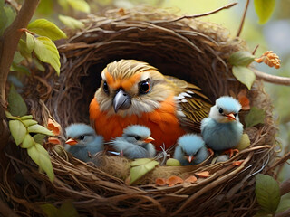 Bird with his kids in nest