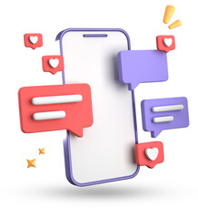 3d rendering of spartphone and speech bubble, 3D pastel chat with symbol, icon set.