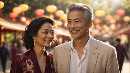 Happy Mature Oriental Couple on Vacation