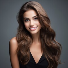 Fototapeta premium Charming young brunette woman with a fashionable haircut. Fashion and beauty