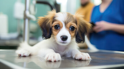 cute dog on the table at a veterinarian's appointment in a veterinary office, animal clinic, puppy, pet, treatment, doctor, canine, disease, medicine, hospital, wool, portrait, eyes, ill, room, funny - obrazy, fototapety, plakaty