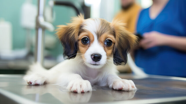 cute dog on the table at a veterinarian's appointment in a veterinary office, animal clinic, puppy, pet, treatment, doctor, canine, disease, medicine, hospital, wool, portrait, eyes, ill, room, funny