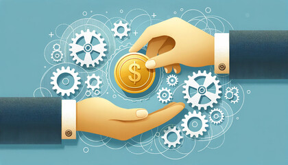 Vector design of two hands exchanging a golden coin, signifying a financial transaction.