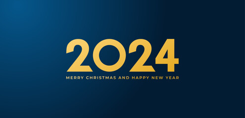 New Year 2024 minimalistic background. Golden text on blue gradient. Vector illustration