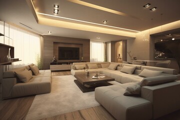 Naklejka na ściany i meble Contemporary 3D living area design. Generative AI