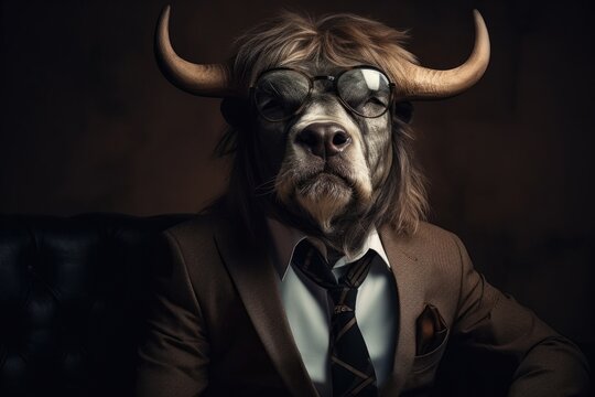 photo of a bull in a stylish formal business suit against the background of analyzing financial charts on a virtual screen