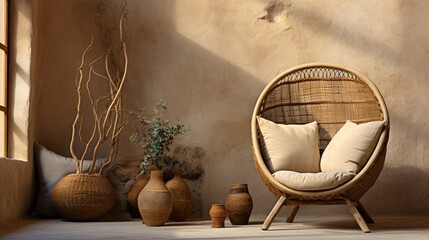 mediterranean living room with rustic wooden chair