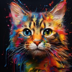 Portrait of a beautiful cat smeared with colored paint. Colors and creativity.