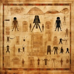 Ancient Egypt scene, mythology. Gods and pharaohs. Hieroglyphic carvings on the exterior walls of an ancient temple. Egypt background. Murals ancient