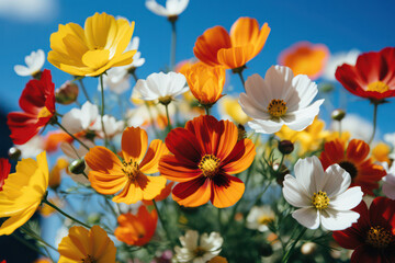 A field of vibrant cosmos flowers under the warm sun, creating a lively and colorful display of nature's beauty